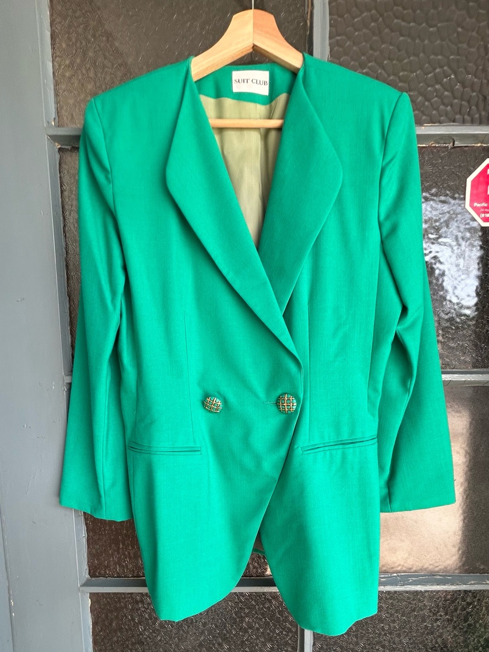 Vintage 80s Suit Club Emerald Green Power Blazer Jewel Buttons USA Size 12